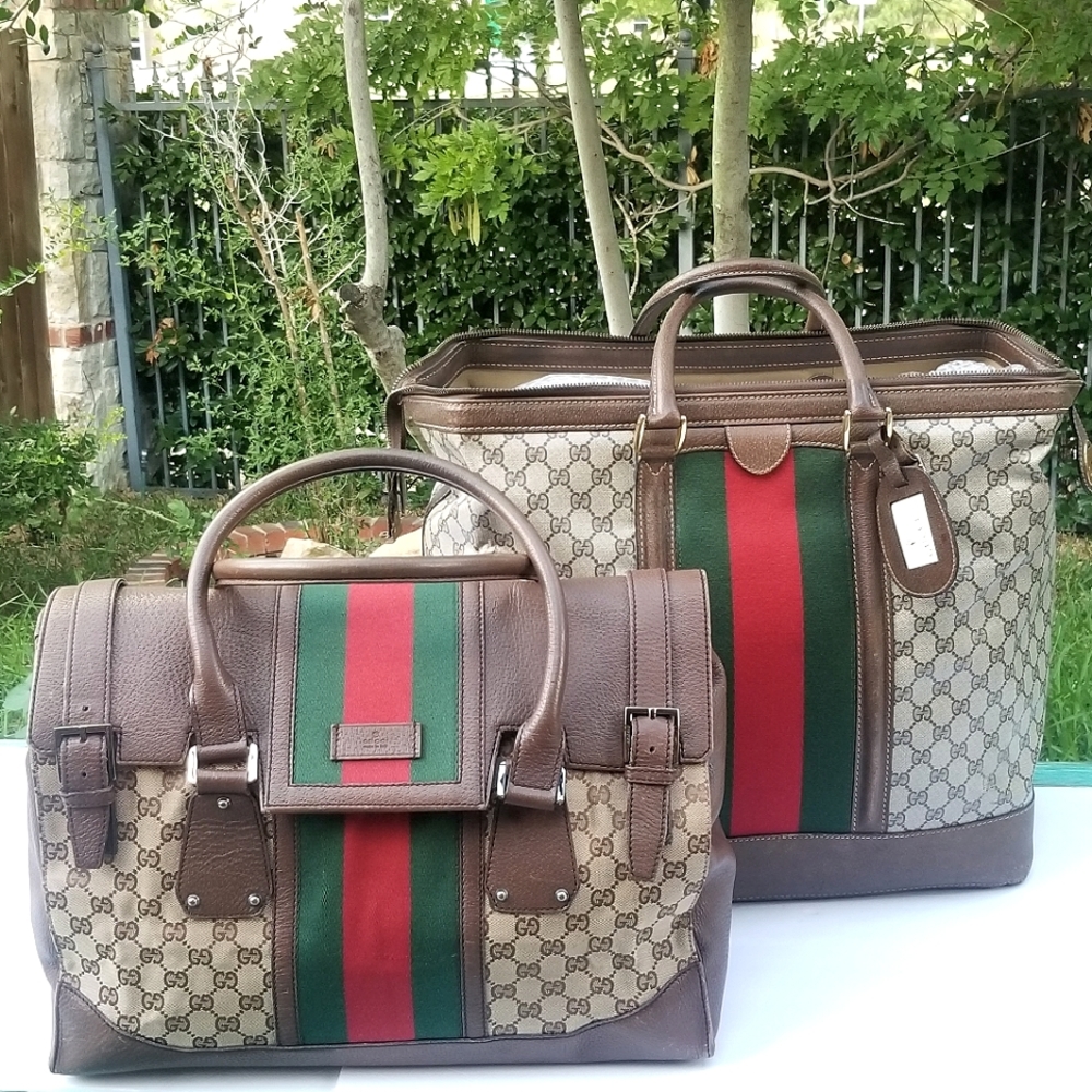 Vintage  Rare Gucci Web travel train case boston bag and mini Duffle handbag set